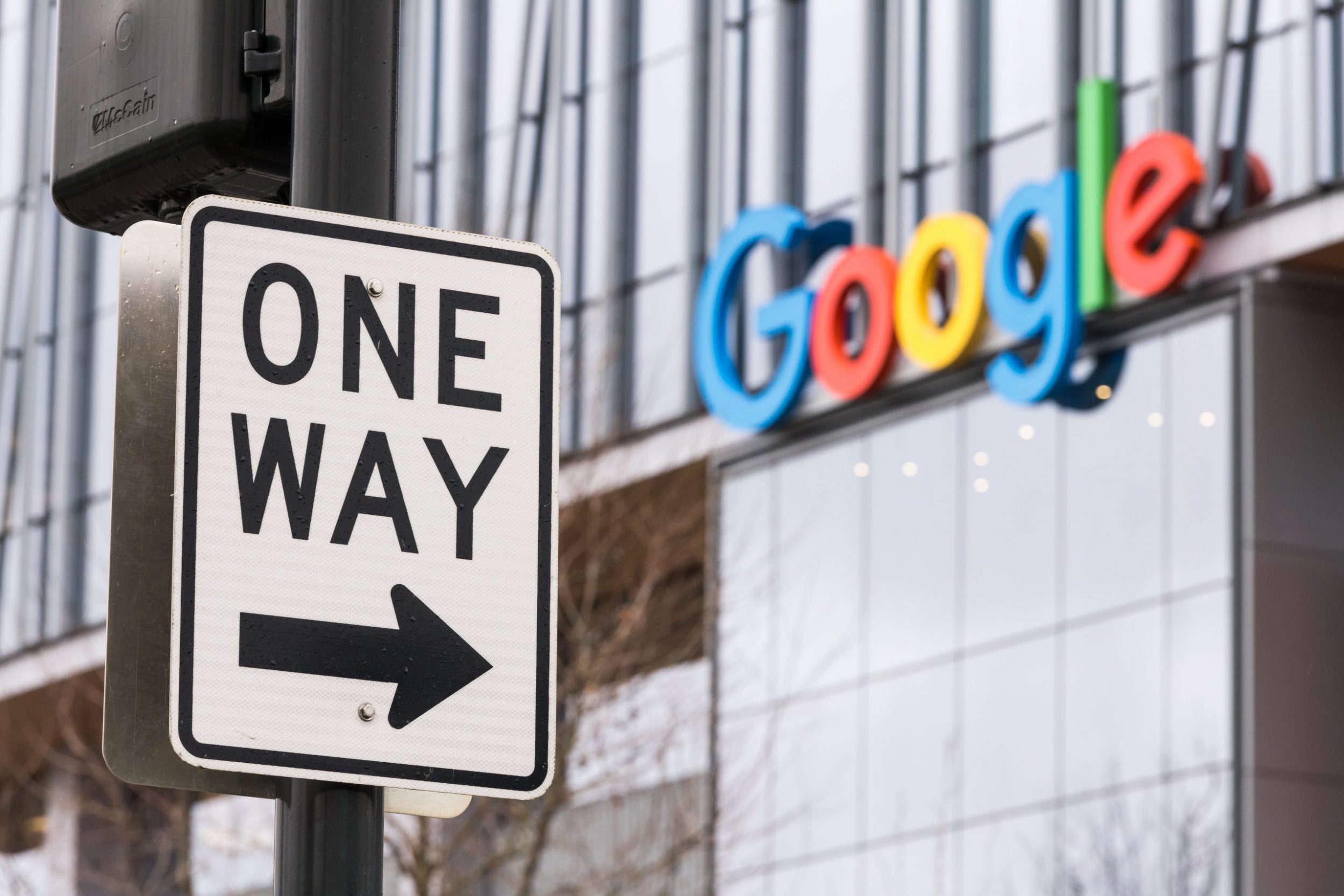 One way sign in front of Google building