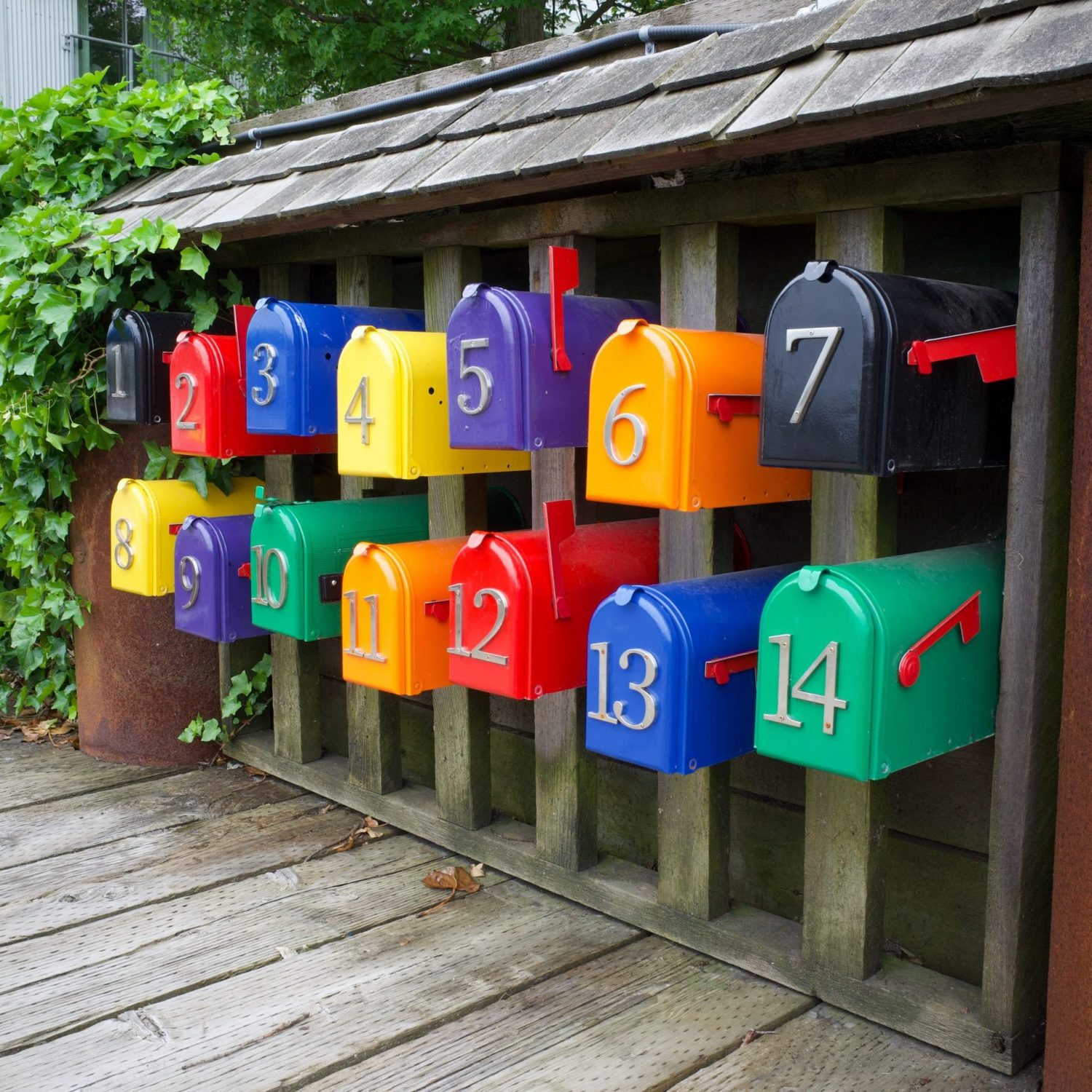 colorful row of mailboxes