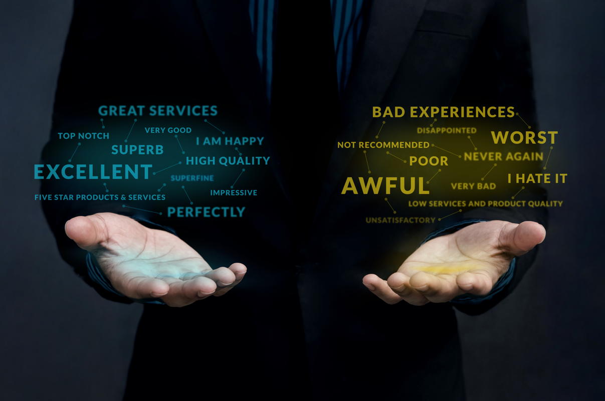 two hands weigh positive and negative lists of customer experience