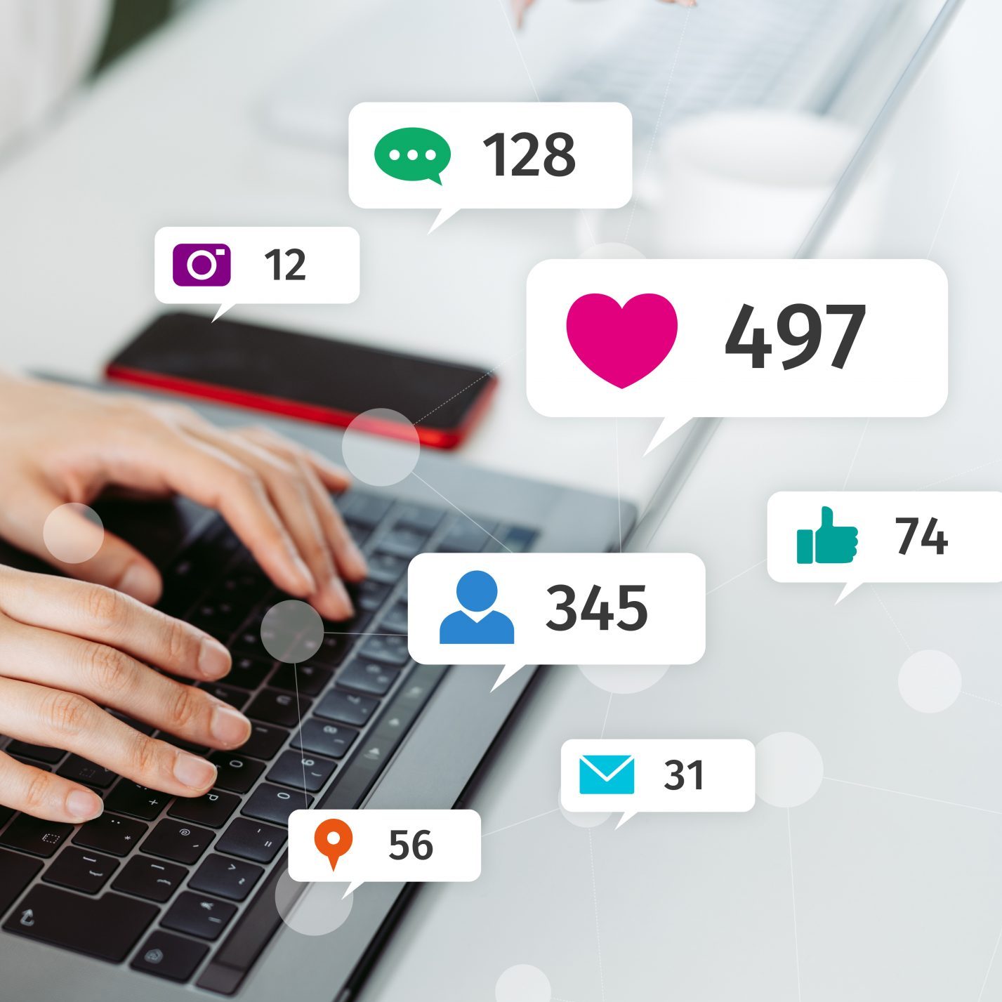 hands typing on a keyboard with icons for social media likes and loves to signify social media marketing