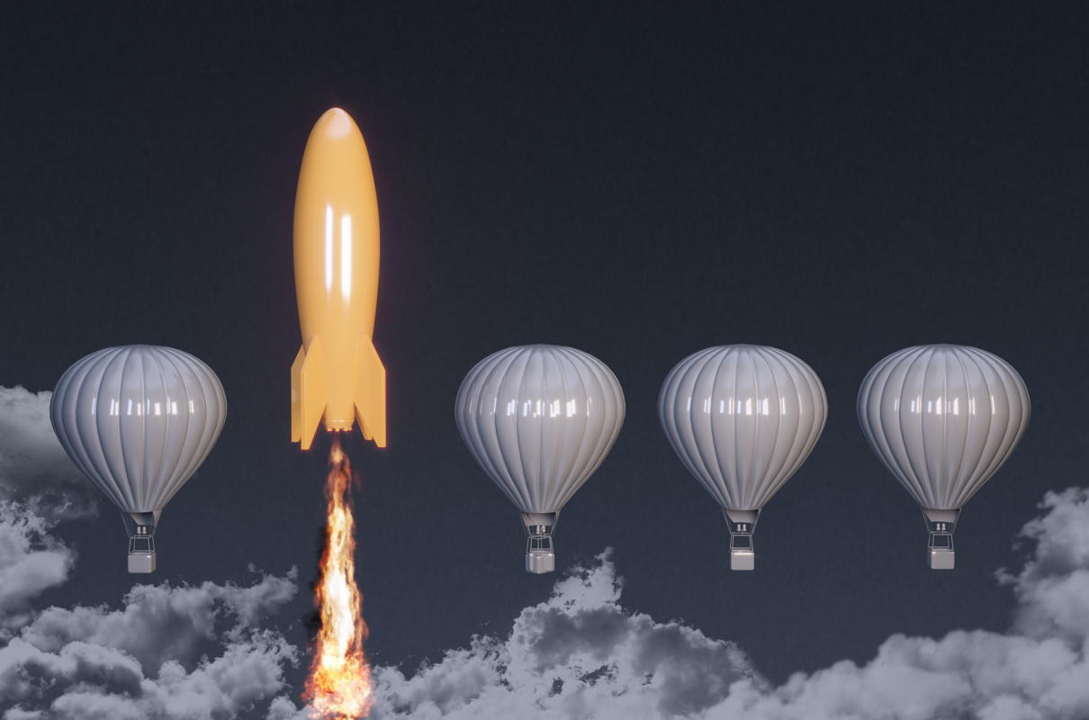 rocket ship takes off as hot air balloons hover as a metaphor for customization