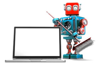a laptop computer and robot holding a broom illustrate the idea of data hygiene