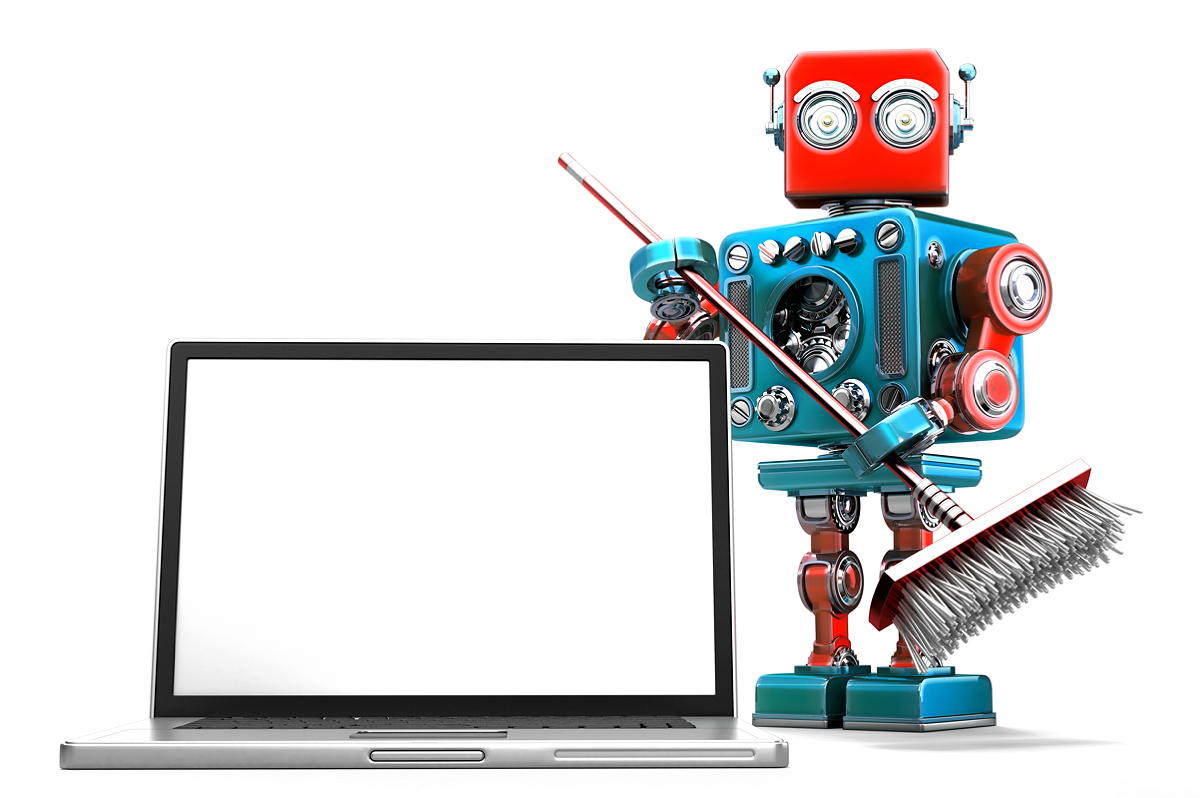 a laptop computer and robot holding a broom illustrate the idea of data hygiene