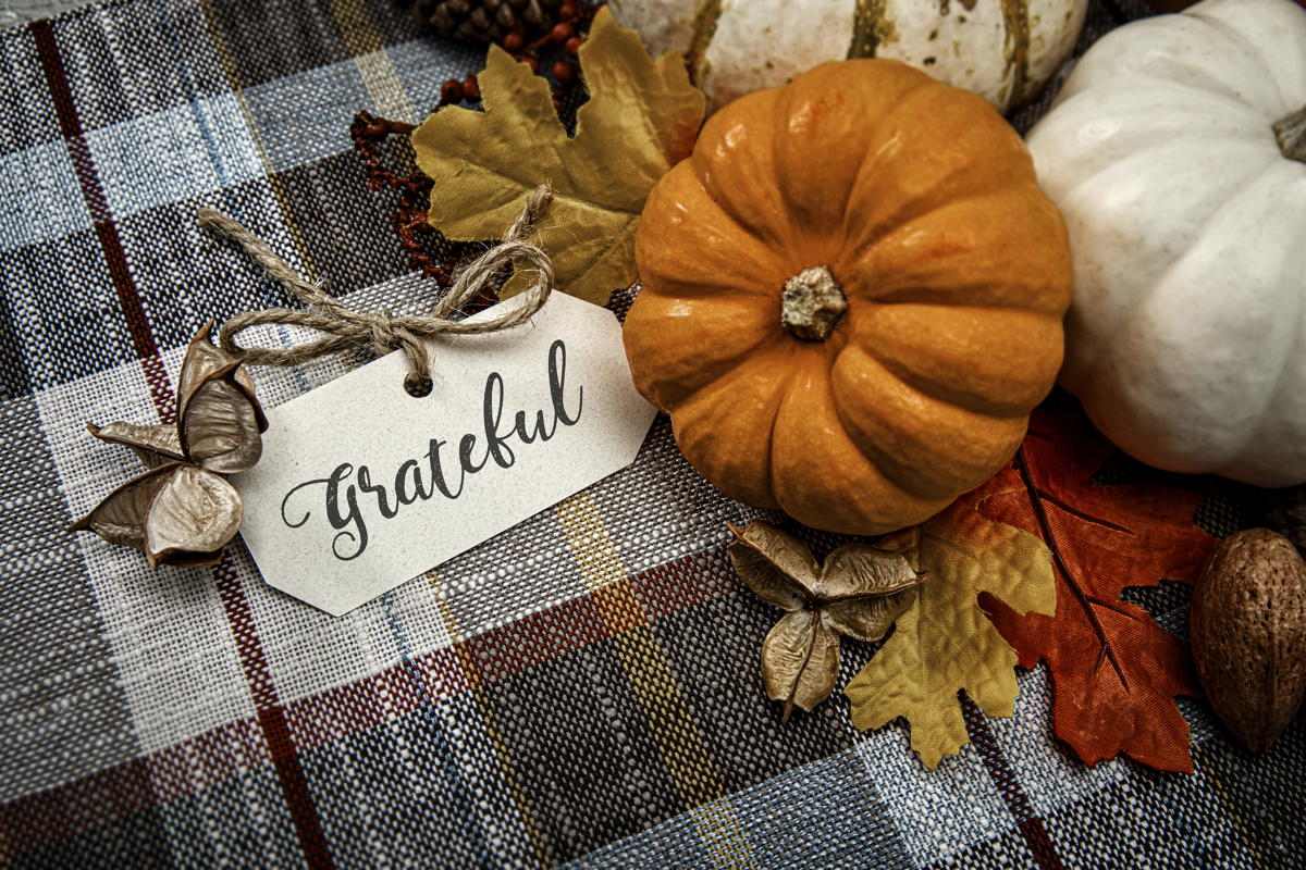 Decorative pumpkins and a tag reading grateful remind us to be thankful this holiday