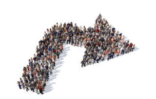 large group of people form a right turn arrow illustrating the idea of pivoting