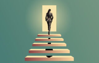 A woman who is a solo entrepreneur has walked up to the steps to an open door representing her business success